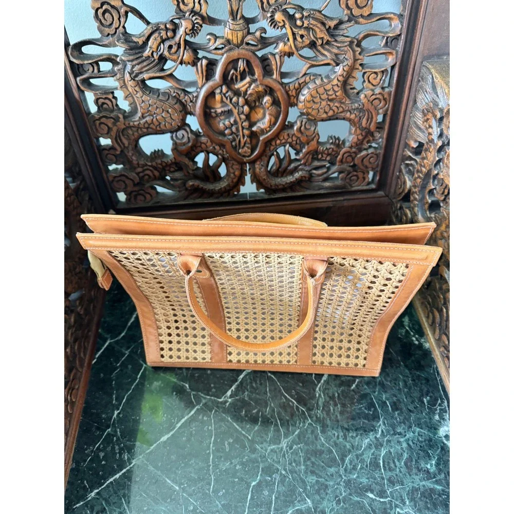 Vintage‎ Woven Wicker  BAG, leather & rattan, Palmgrens, 1900s Antique Purse